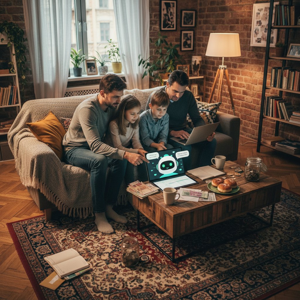 Polska rodzina zarządzająca budżetem domowym z pomocą AI chatbot, laptop, domowa atmosfera