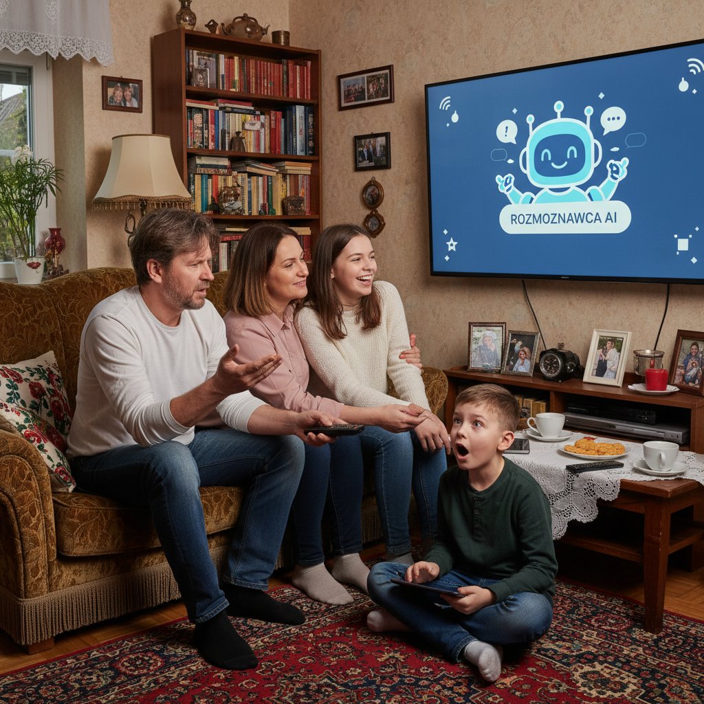 Polska rodzina korzystająca z chatbota AI w salonie, mieszane emocje, nowoczesne wnętrze