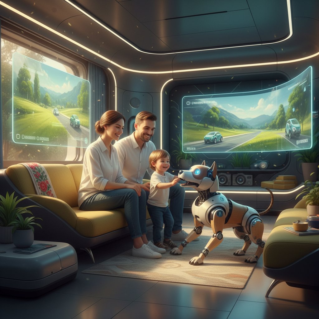 Rodzina z dzieckiem korzystającym z pieska AI w salonie, radosna atmosfera – przyszłość cyfrowej opieki i relacji