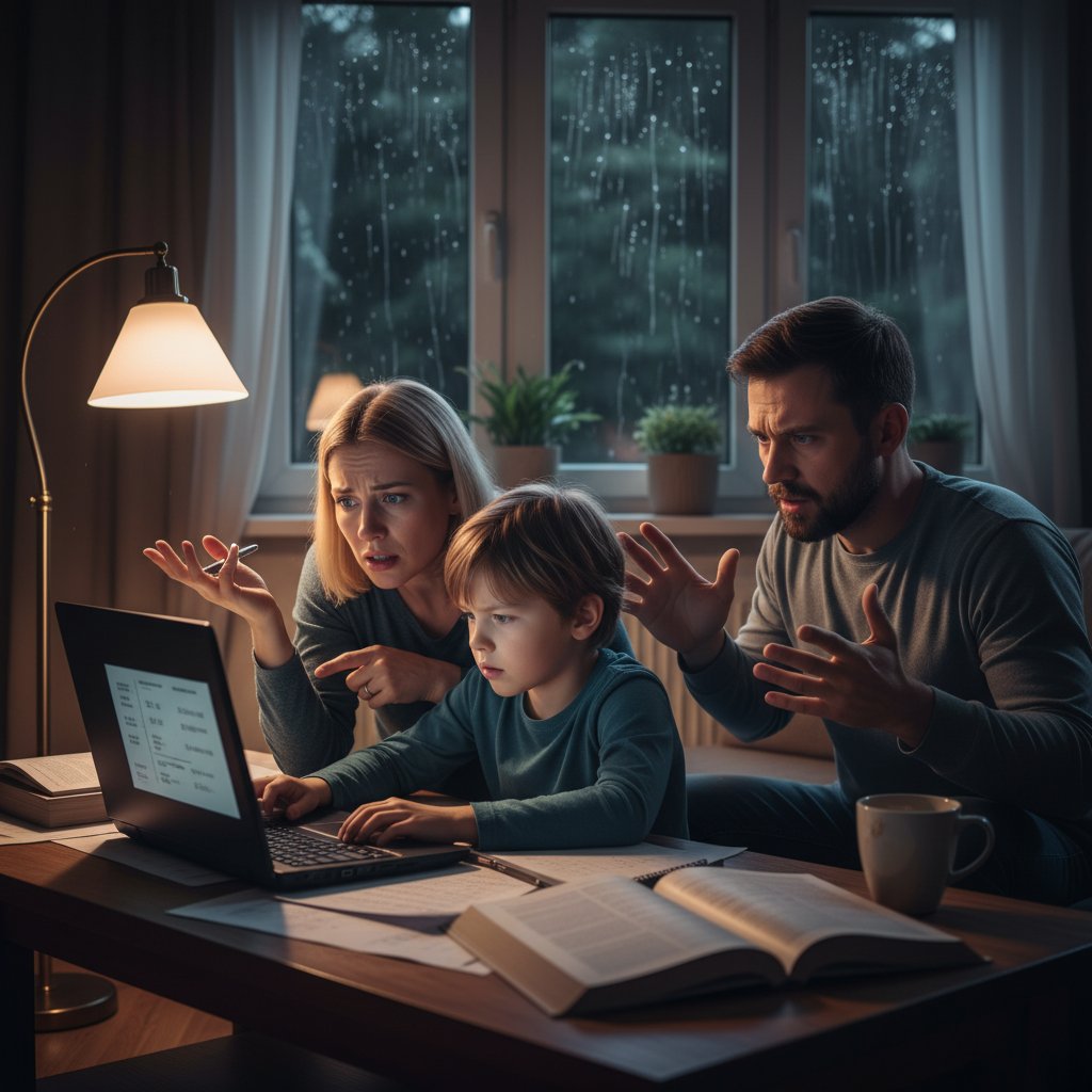 Rodzina przy laptopie, matematyka online, emocje i skupienie, matematyka klasa 4 online