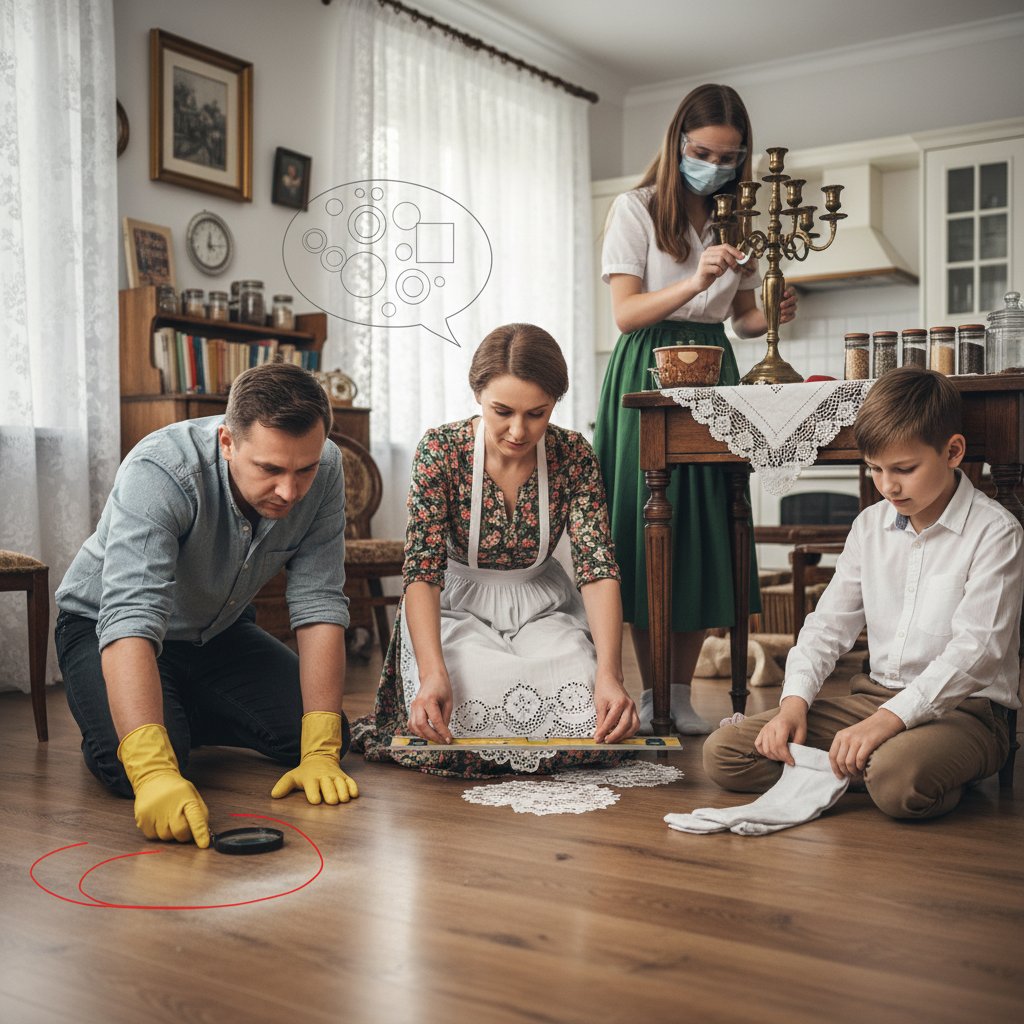 Rodzina podczas wspólnego sprzątania, presja perfekcji, nerwica natręctw