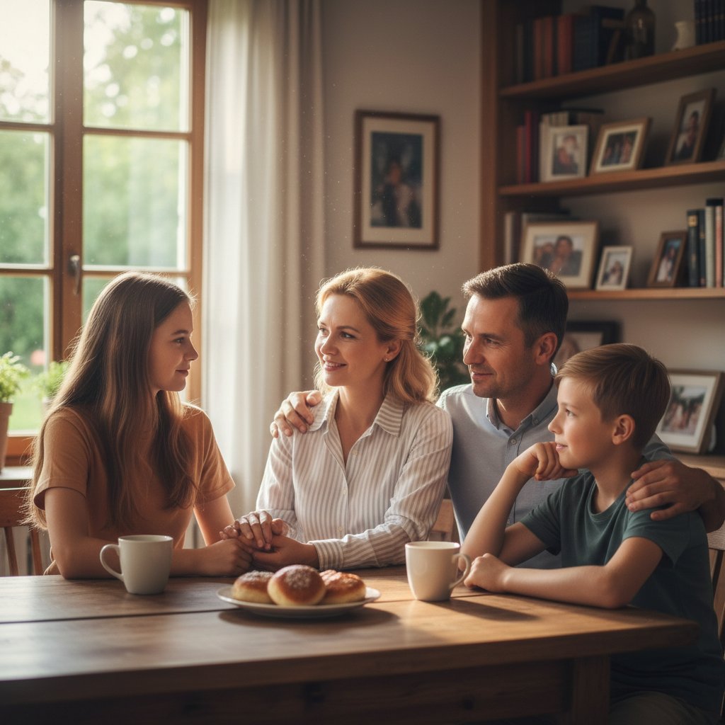Polska rodzina podczas wspólnej rozmowy przy stole, symbol wsparcia i otwartości