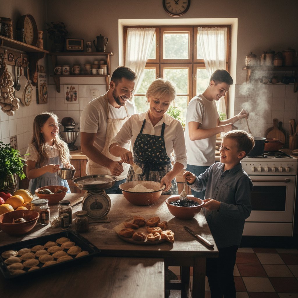 Zastosowanie proporcji w kuchni – polska rodzina gotująca razem, odmierzająca składniki, przyjazna atmosfera