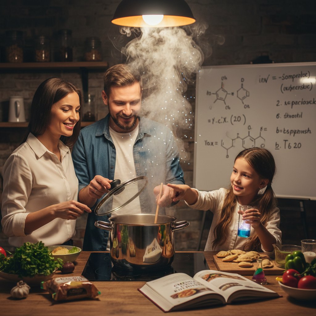 Polska rodzina gotuje obiad, para nad garnkiem – zastosowanie termochemii w życiu codziennym