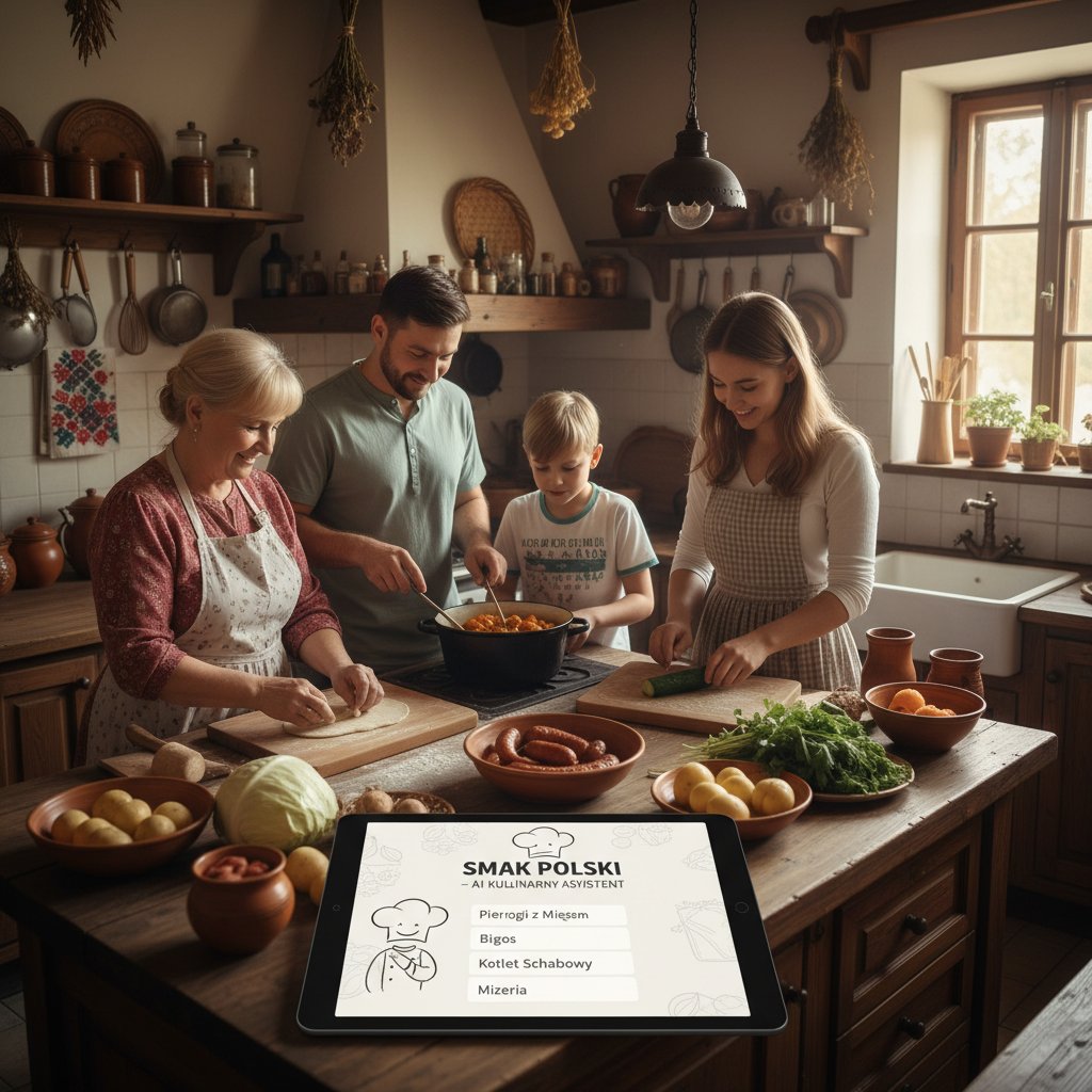 Polska rodzina wspólnie gotująca według planu AI, stół pełen tradycyjnych potraw