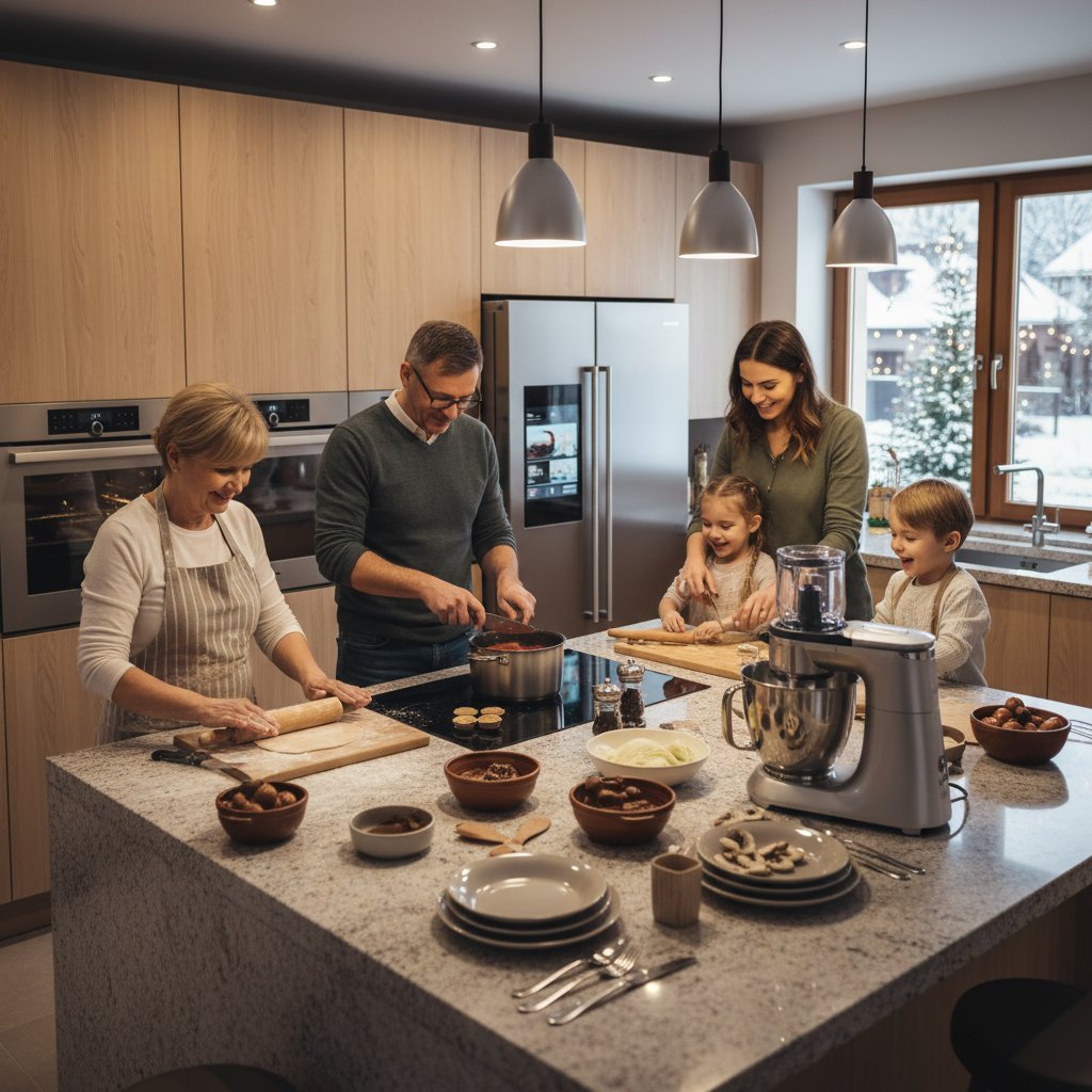 Polska rodzina gotująca klasyczny obiad z pomocą nowoczesnych urządzeń kuchennych