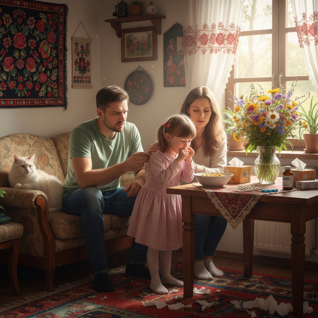 Polska rodzina w domu, kaszlące dziecko, domowe środowisko alergiczne