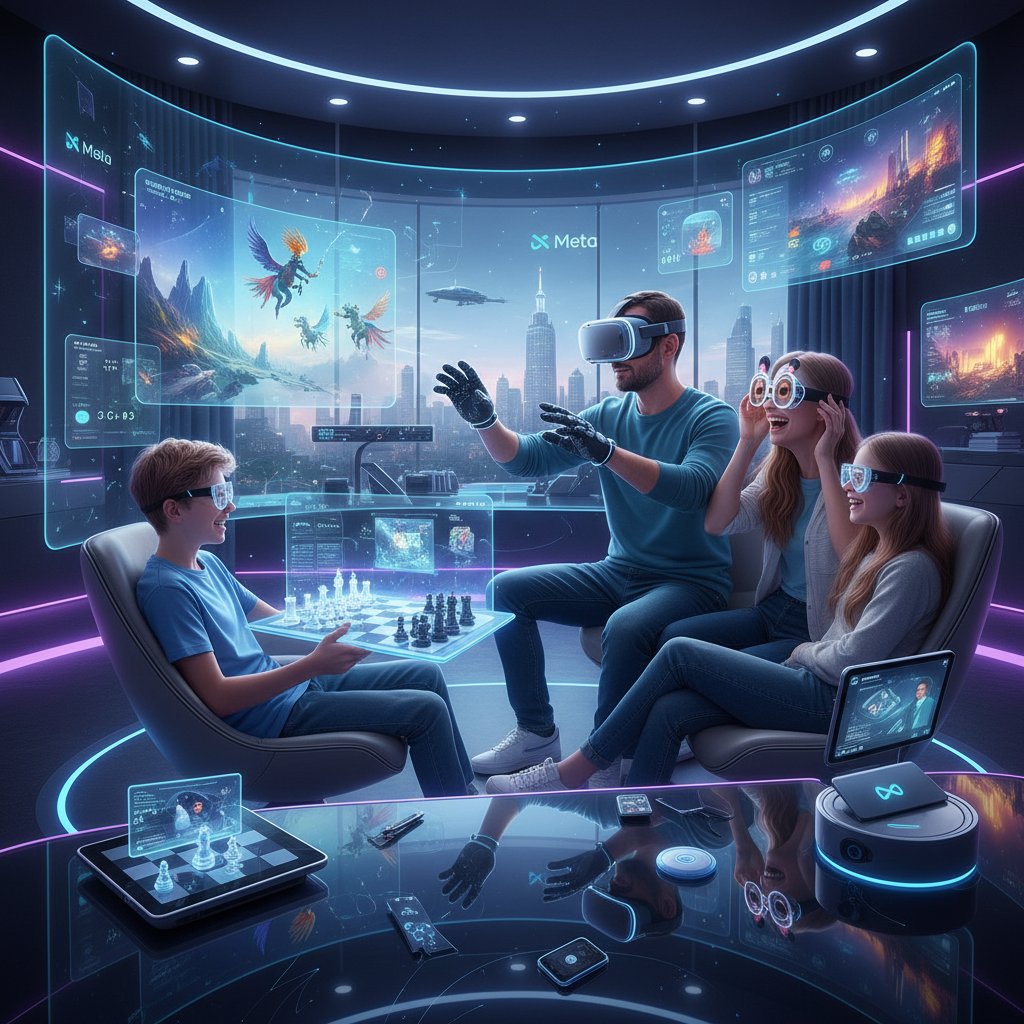 Polska rodzina korzystająca z różnych urządzeń, wspólna rozrywka z wykorzystaniem technologii Meta