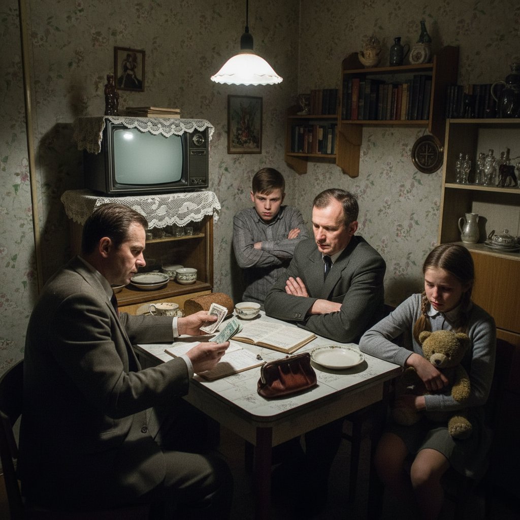 Rodzina przy stole, rozmowa o finansach, atmosfera napięcia i tabu, wnętrze mieszkania z PRL