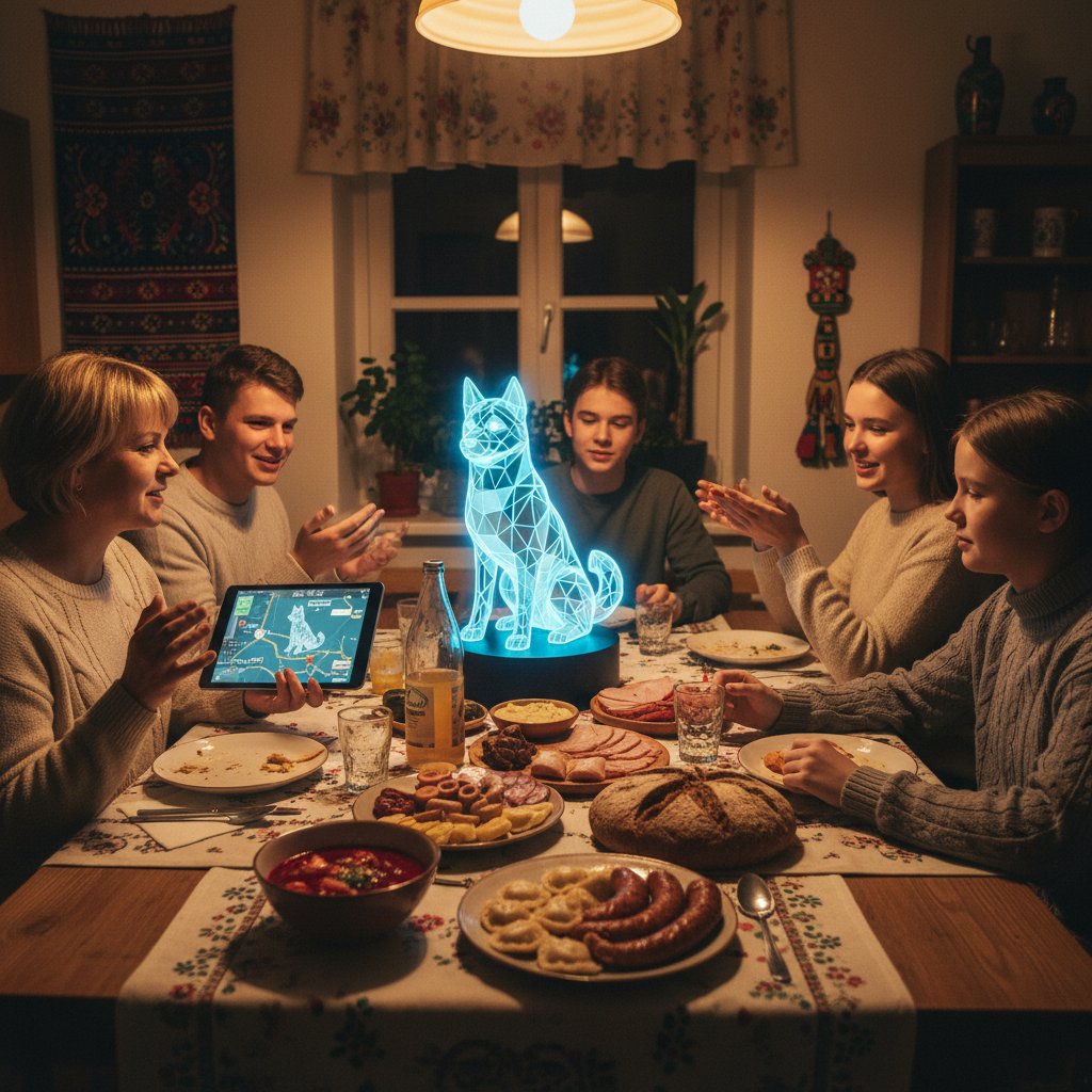 Rodzina i wirtualny pies podczas codziennego posiłku