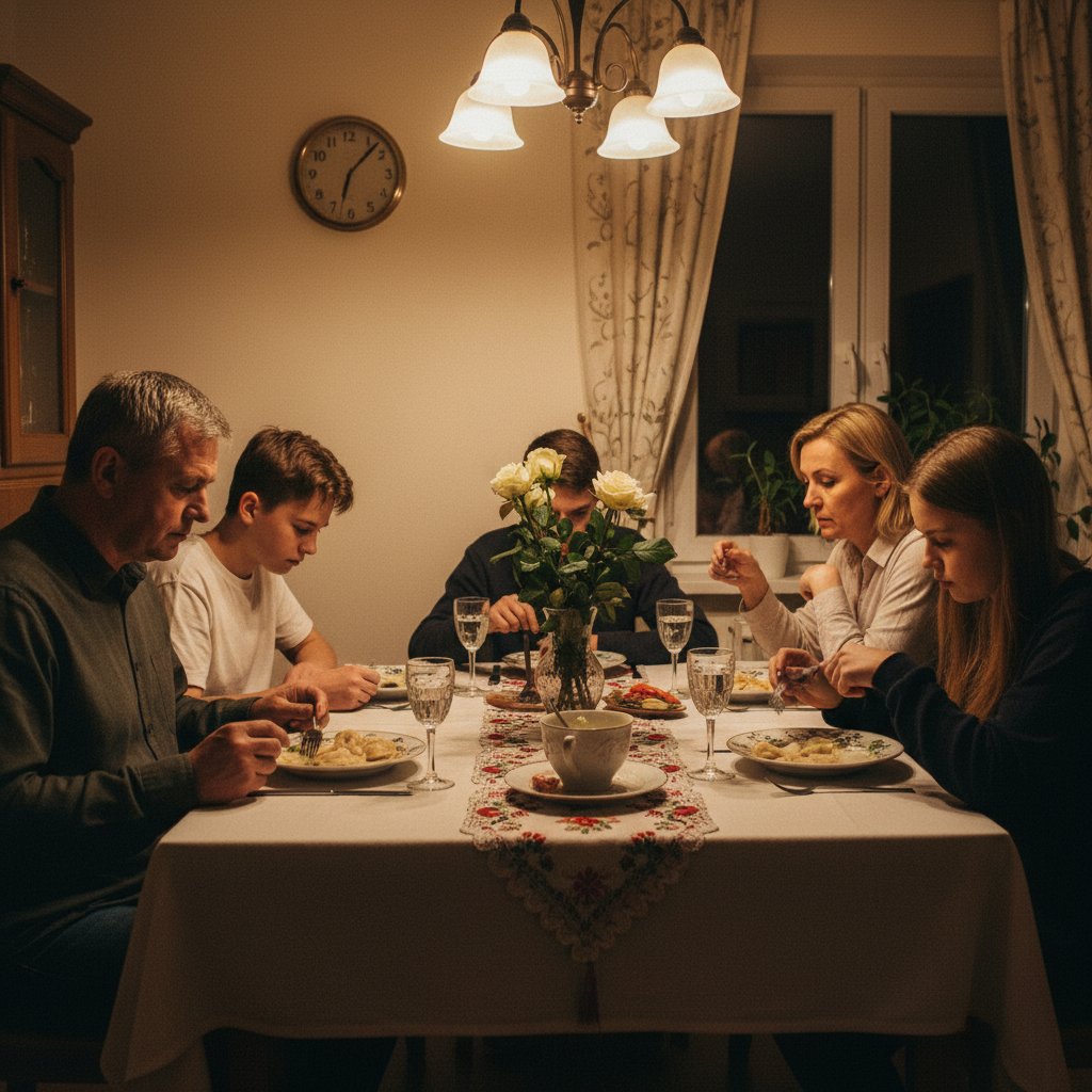 Rodzina podczas kolacji, napięta atmosfera, nikt nie patrzy sobie w oczy