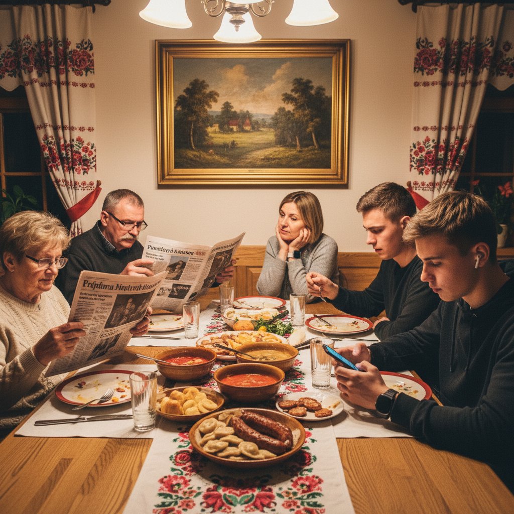 Rodzina przy stole, dwie osoby z telefonami, reszta z gazetami, symbolizująca podział informacyjny