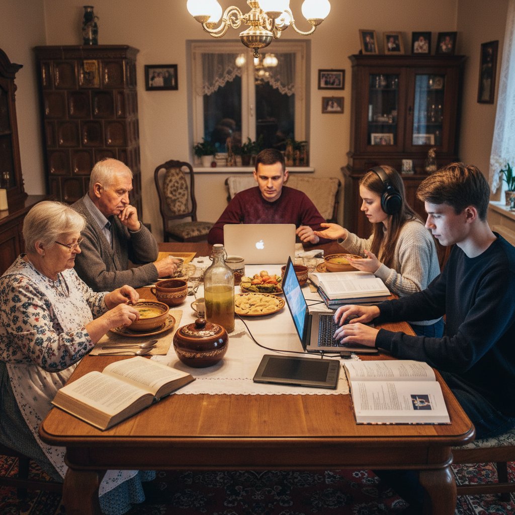Polska rodzina przy stole, komputery i podręczniki, chaos i pokoleniowe różnice