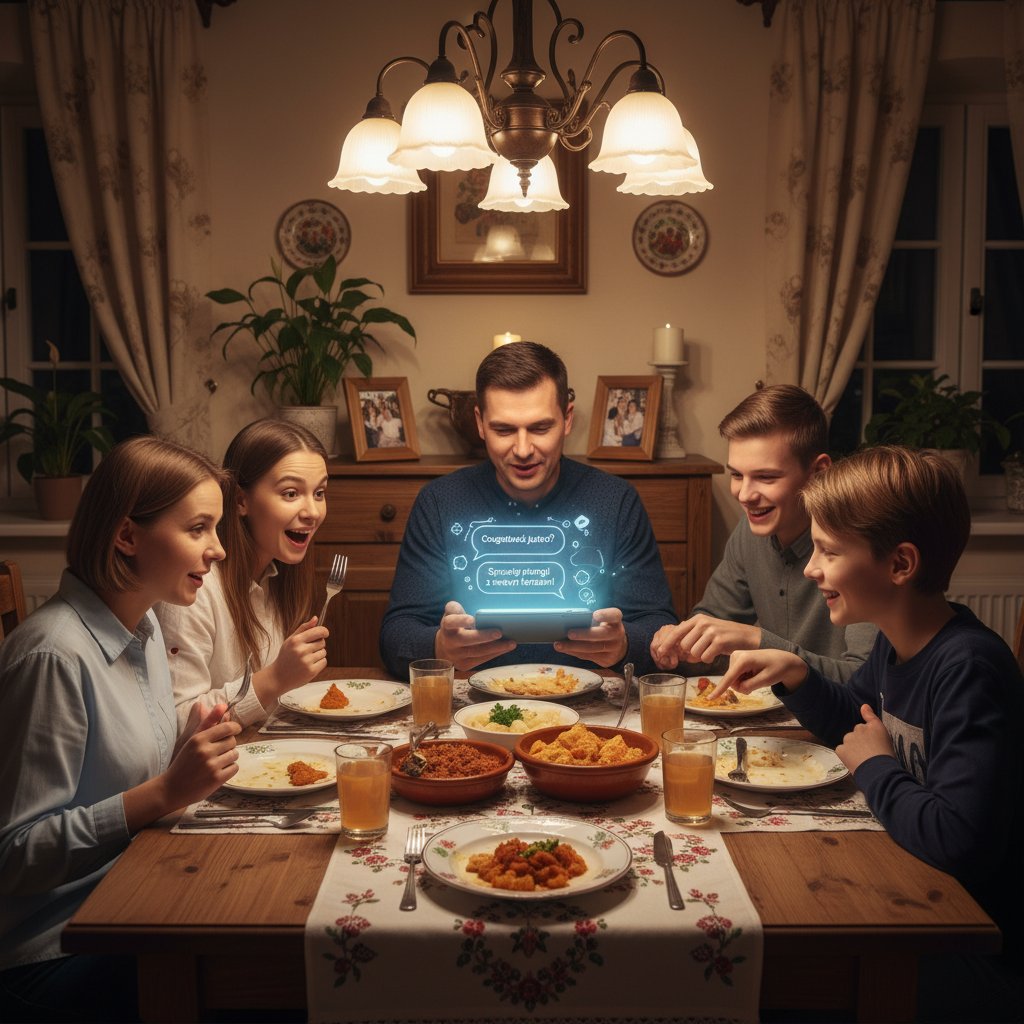 Rodzina przy kolacji i telefon z aktywnym czatem AI na stole