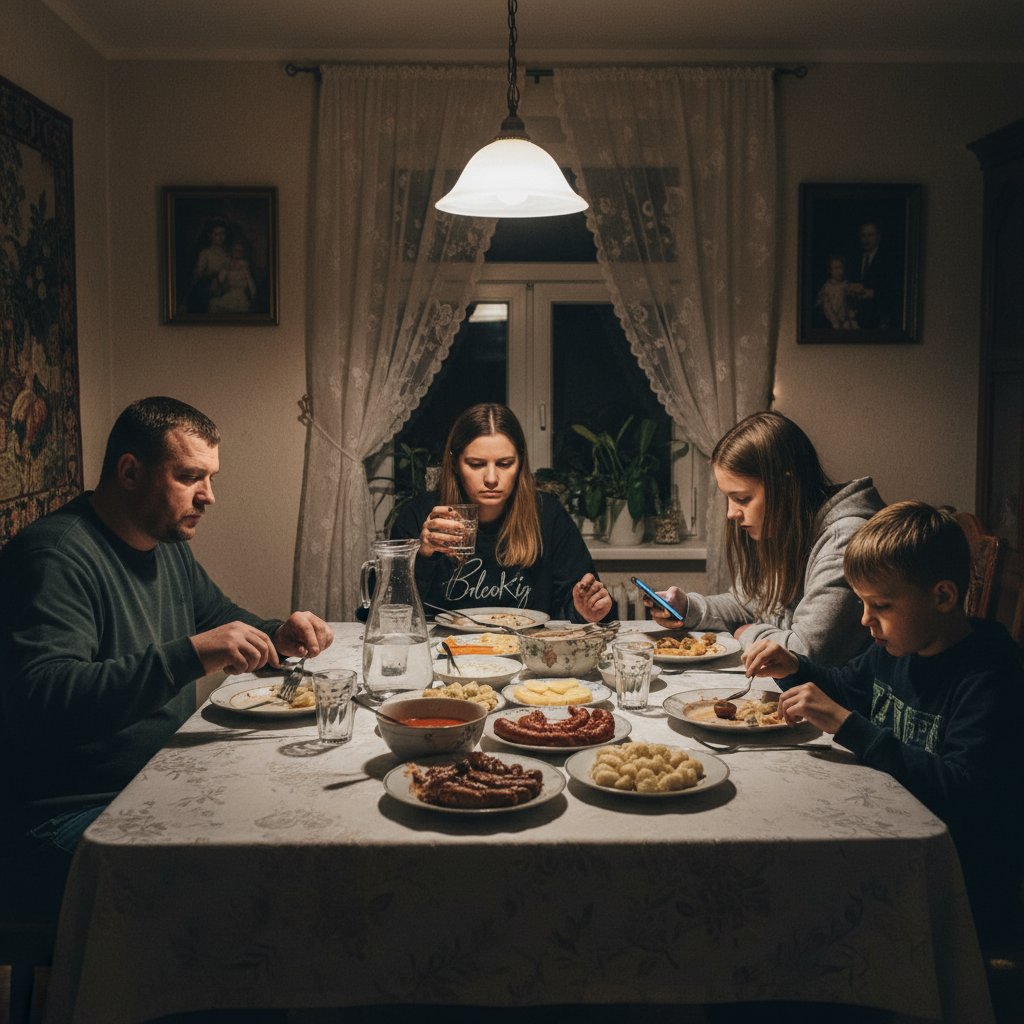 Rodzina przy stole, brak rozmowy, atmosfera dystansu