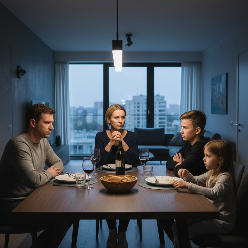 Rodzina przy stole z mieszanką emocji – akceptacja rodziny i napięcie