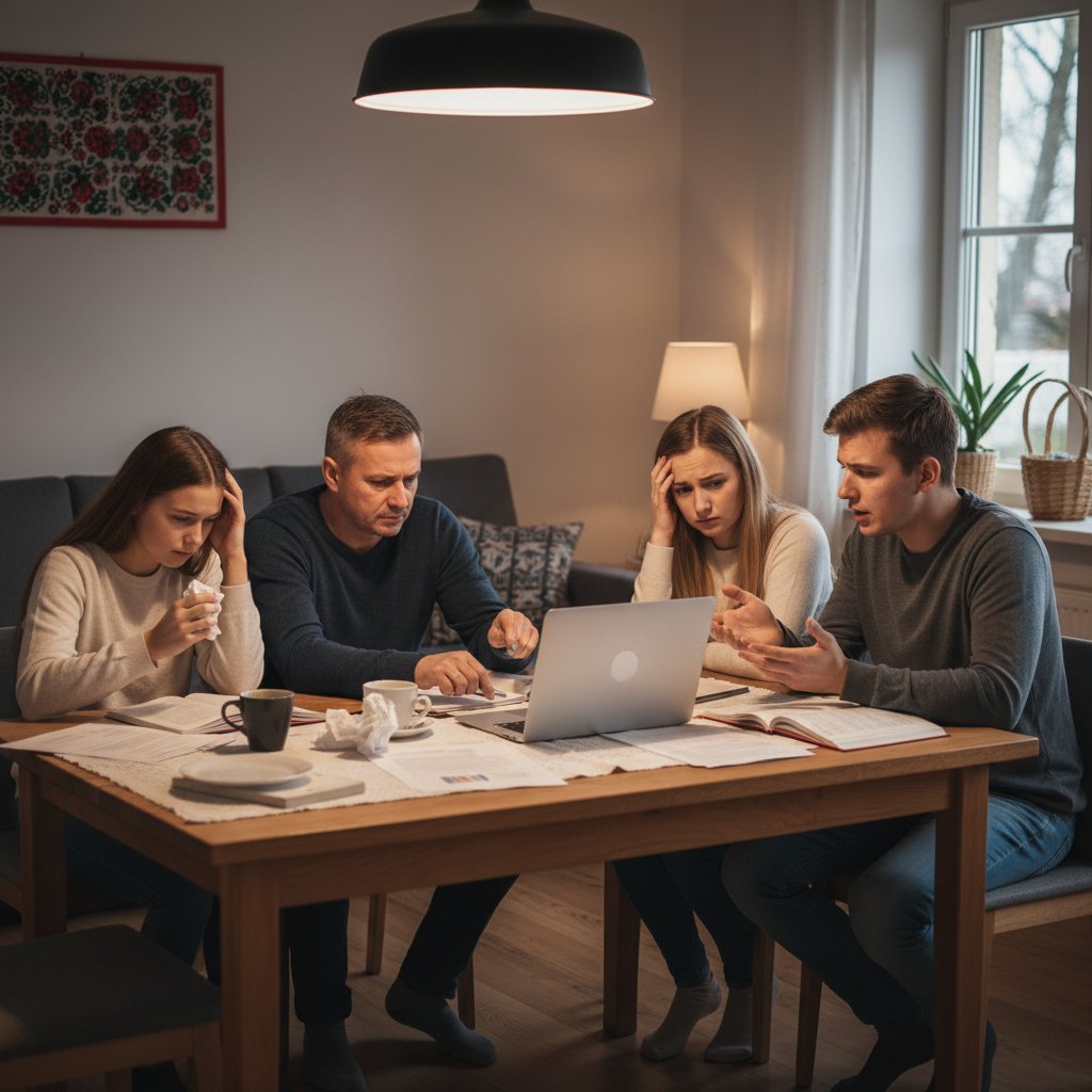 Rodzina analizująca koszty angiografii, rachunki medyczne, mieszane emocje