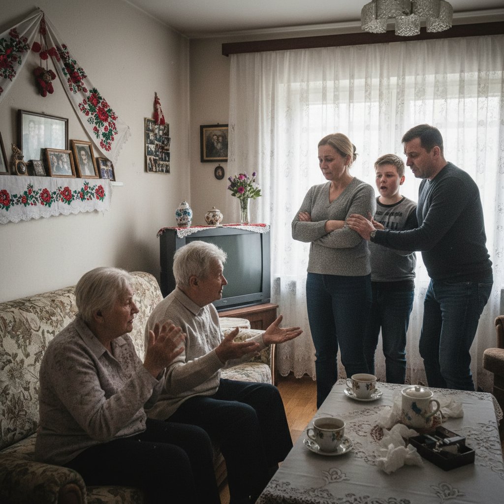 Polska rodzina podczas wspólnej rozmowy przy stole, z naciskiem na autentyczność i emocje