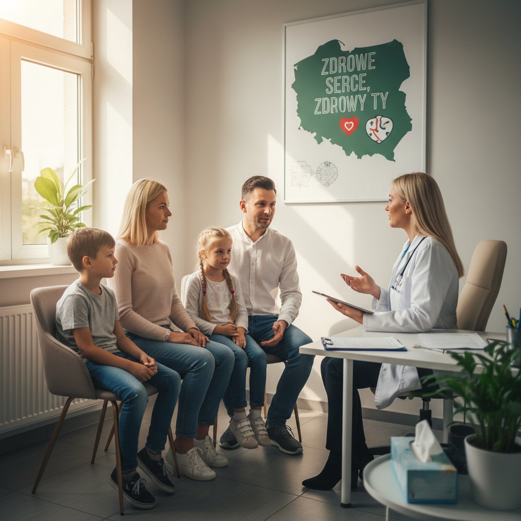 Polska rodzina w gabinecie lekarskim, rozmowa o zdrowiu, spokojna atmosfera