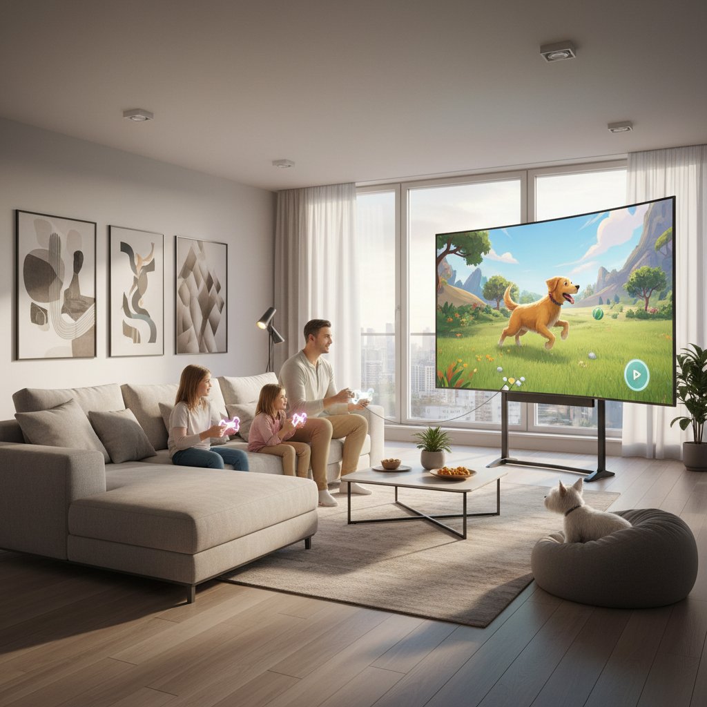 Polska rodzina korzystająca ze smartfona z gry symulator psa w nowoczesnym mieszkaniu