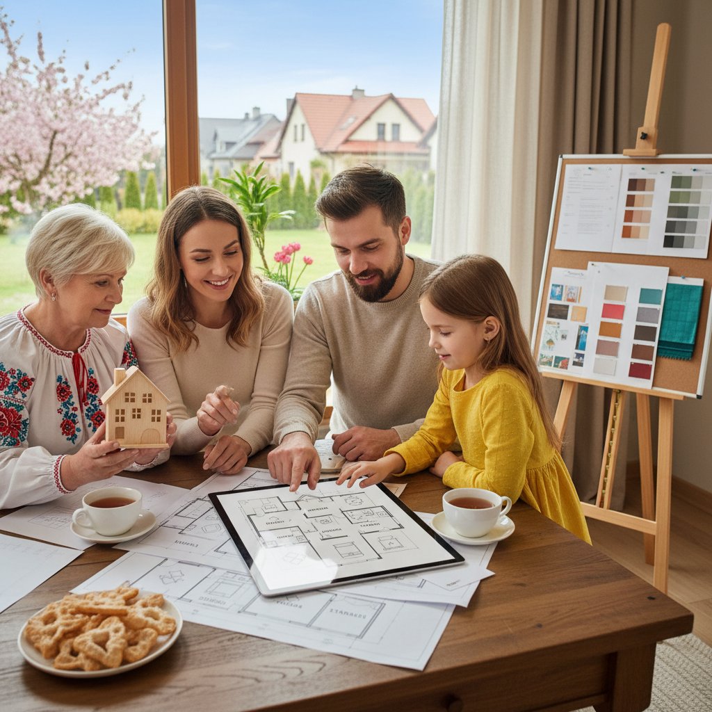 Polska rodzina planująca spontaniczny wyjazd z aplikacją lotniczą w domu