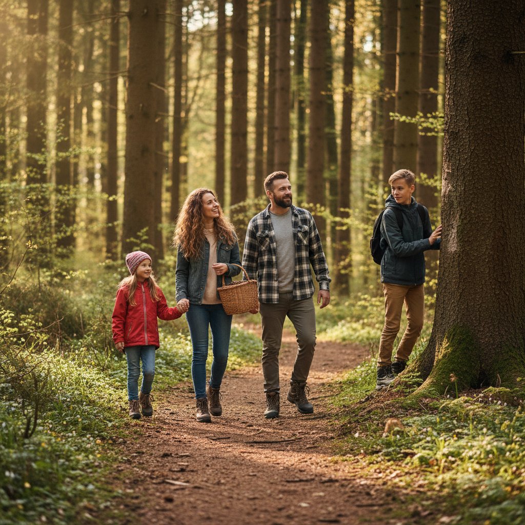 Polska rodzina podczas wspólnego spaceru w lesie, bez telefonów, atmosfera spokoju