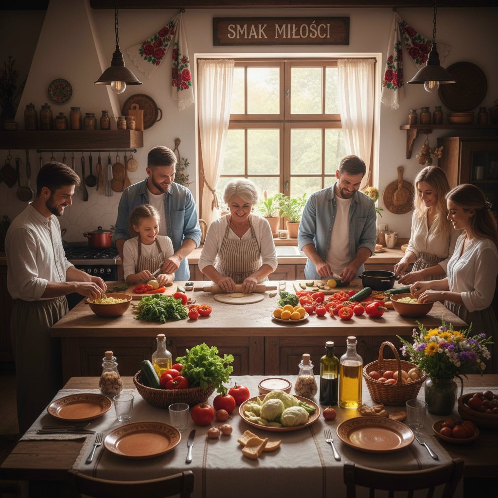 Wspólne gotowanie polskiej rodziny i przyjaciół, dieta wegetariańska, relacje