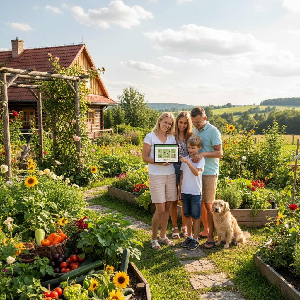 Polska rodzina korzystająca z aplikacji ogrodniczej w ogrodzie