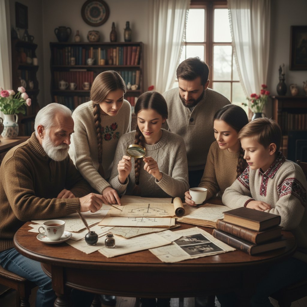 Polska rodzina siedząca przy stole z rozłożonymi dokumentami – badanie tożsamości przez drzewo genealogiczne