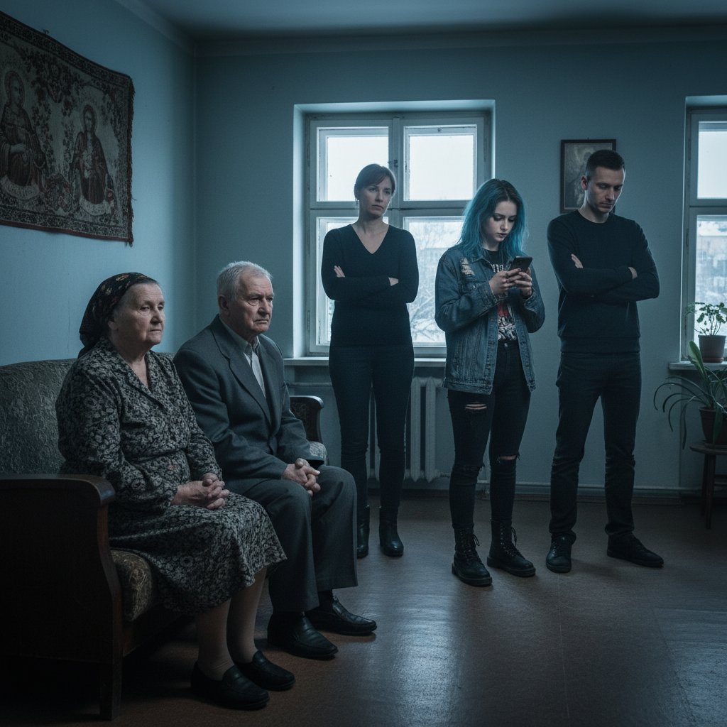 Polska rodzina w salonie, wyczuwalny dystans między pokoleniami, emocjonalnie chłodna atmosfera – tabu rodzinnych nakazów
