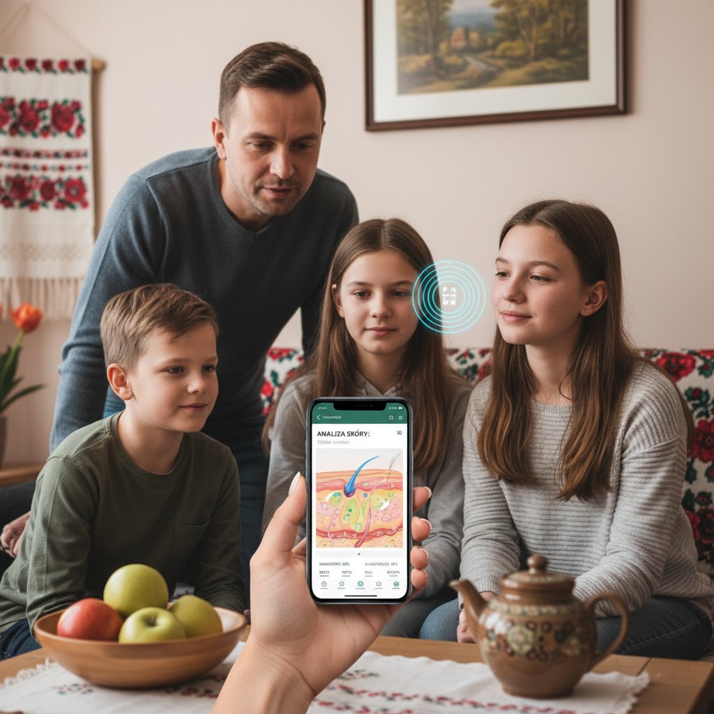 Polska rodzina korzystająca z aplikacji zdrowotnej na tablecie w domu, skupienie na analizie skóry