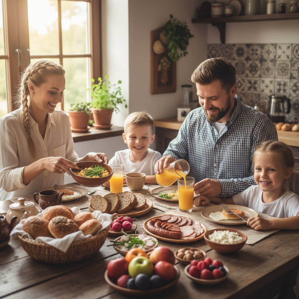 Rodzina przy stole je zdrowe śniadanie – budowanie relacji przez wspólny posiłek