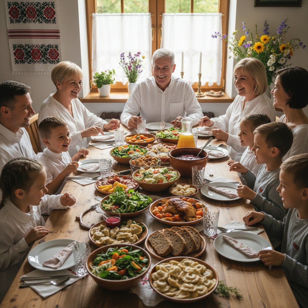 Polska rodzina świętuje zdrowy, kolorowy posiłek – wspólnota, radość, zdrowe jedzenie