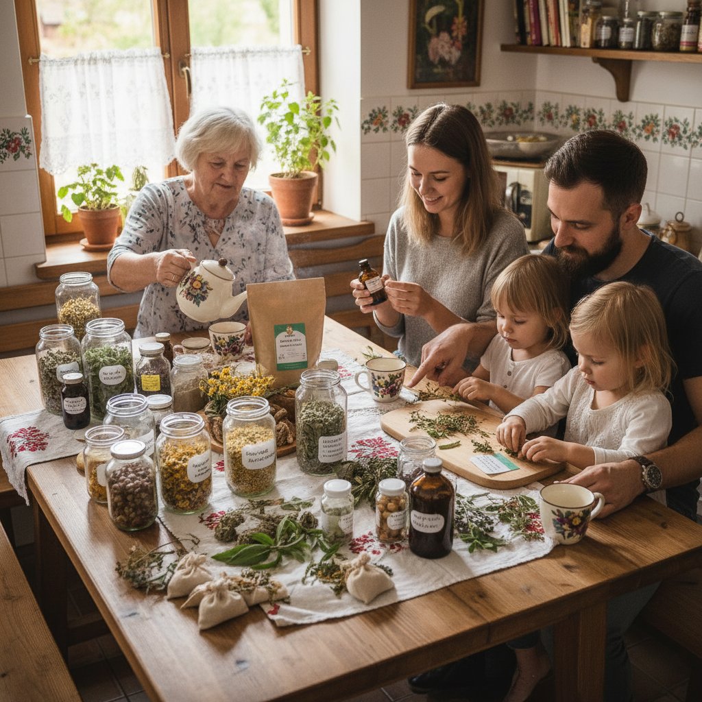 Polska rodzina przy stole rozmawia o suplementach ziołowych, przyjazna atmosfera, wnętrze kuchni