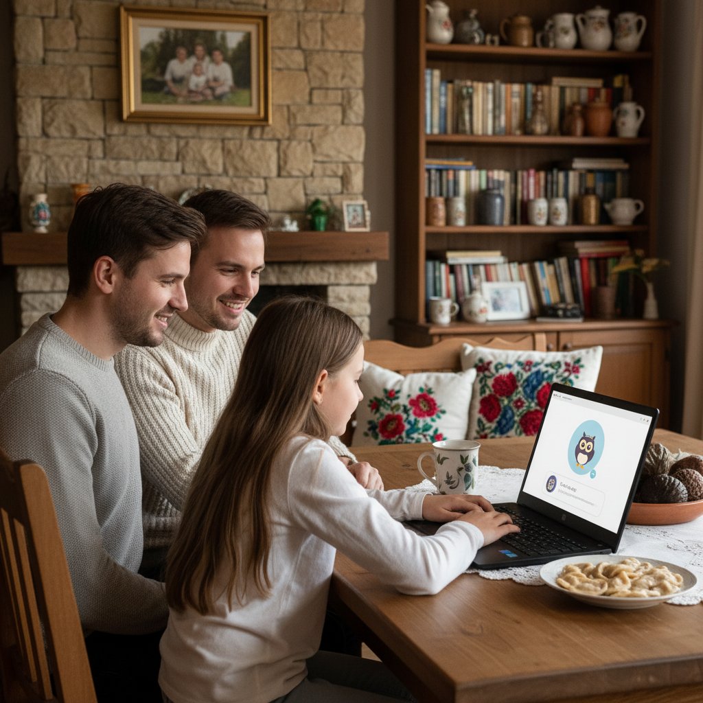 Polska rodzina korzystająca z czat.ai w domowym zaciszu, laptop, AI na ekranie
