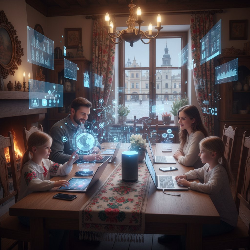 Rodzina w Polsce korzystająca z AI podczas codziennych czynności