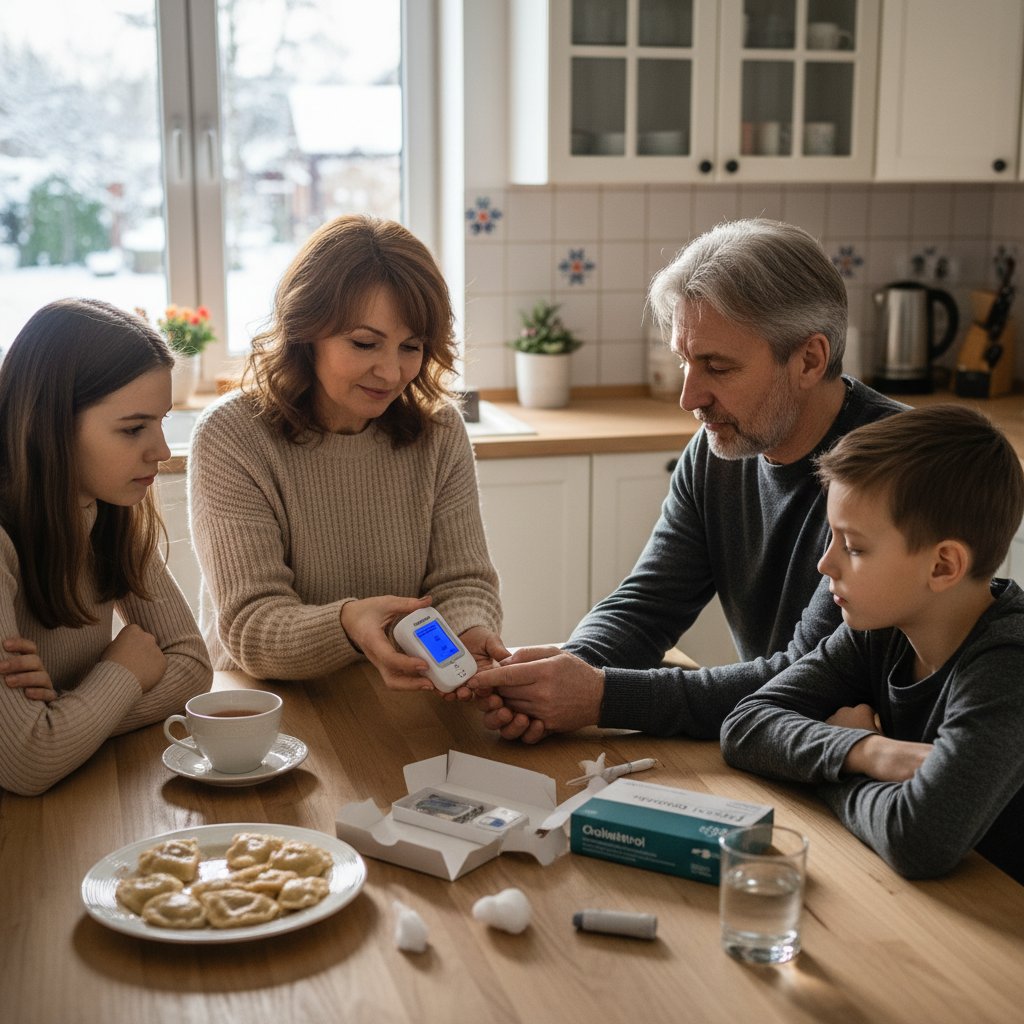Polska rodzina korzystająca z domowego testu cholesterolu przy stole kuchennym