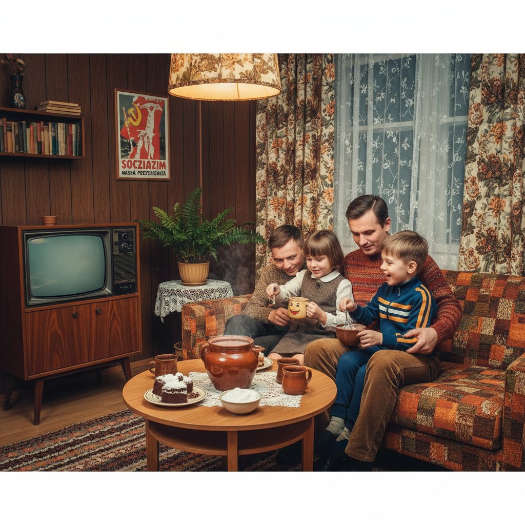 Polska rodzina przy stole, dzieci pijące gorące kakao, retro klimat PRL