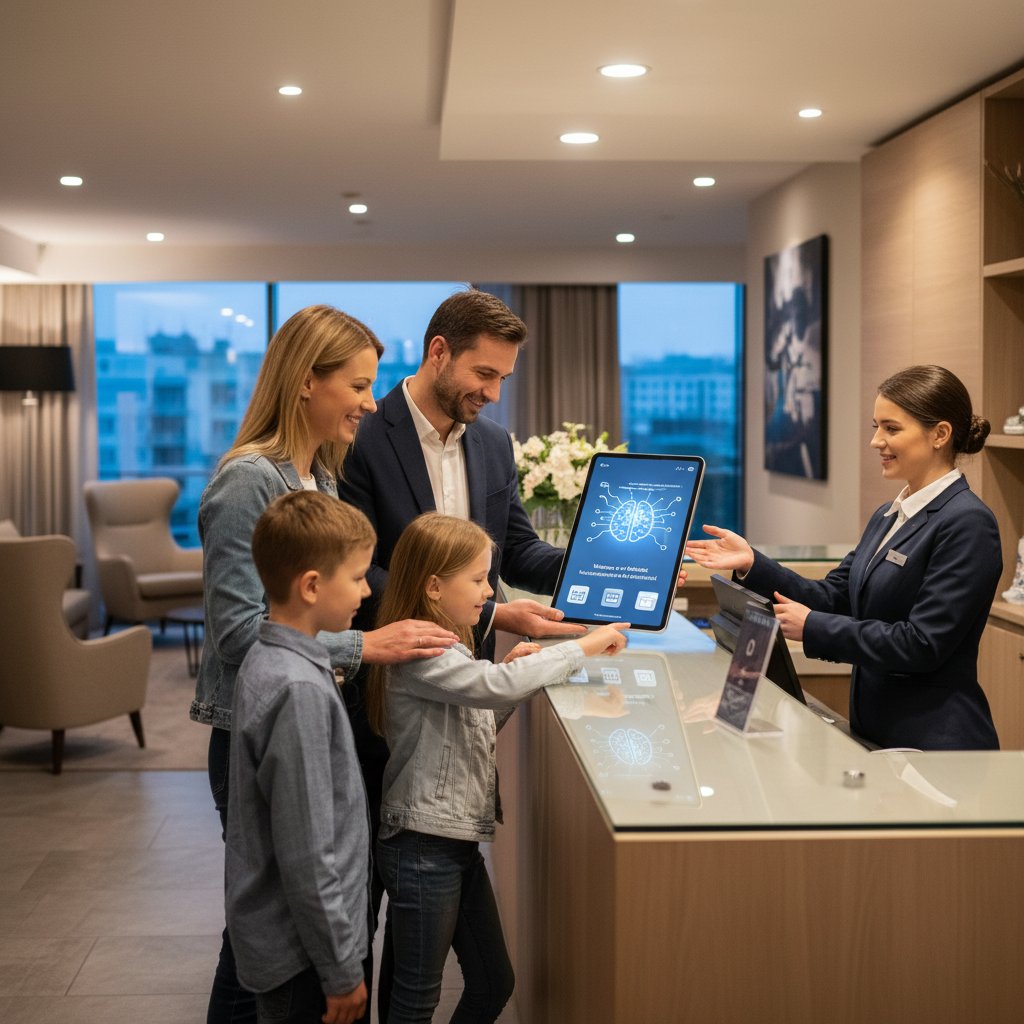 Polska rodzina w hotelu korzystająca z mobilnej aplikacji AI do wyboru noclegu