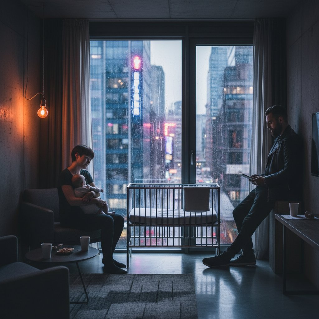 Rodzina wchodzi do hotelowego pokoju, centralnie ustawione łóżeczko dziecięce, wyczuwalny niepokój na twarzach rodziców