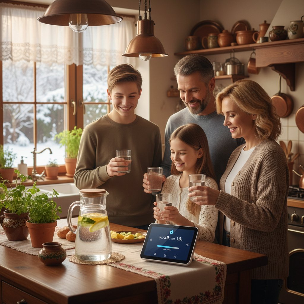 Rodzina planująca nawilżenie na kalendarzu w kuchni, minimalistyczny styl życia