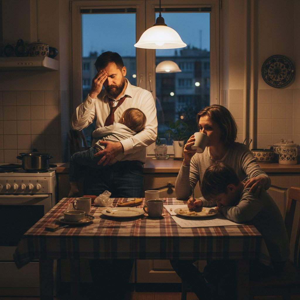 Rodzina w kuchni po pracy i szkole, zmęczeni ale razem – codzienność polskiej rodziny