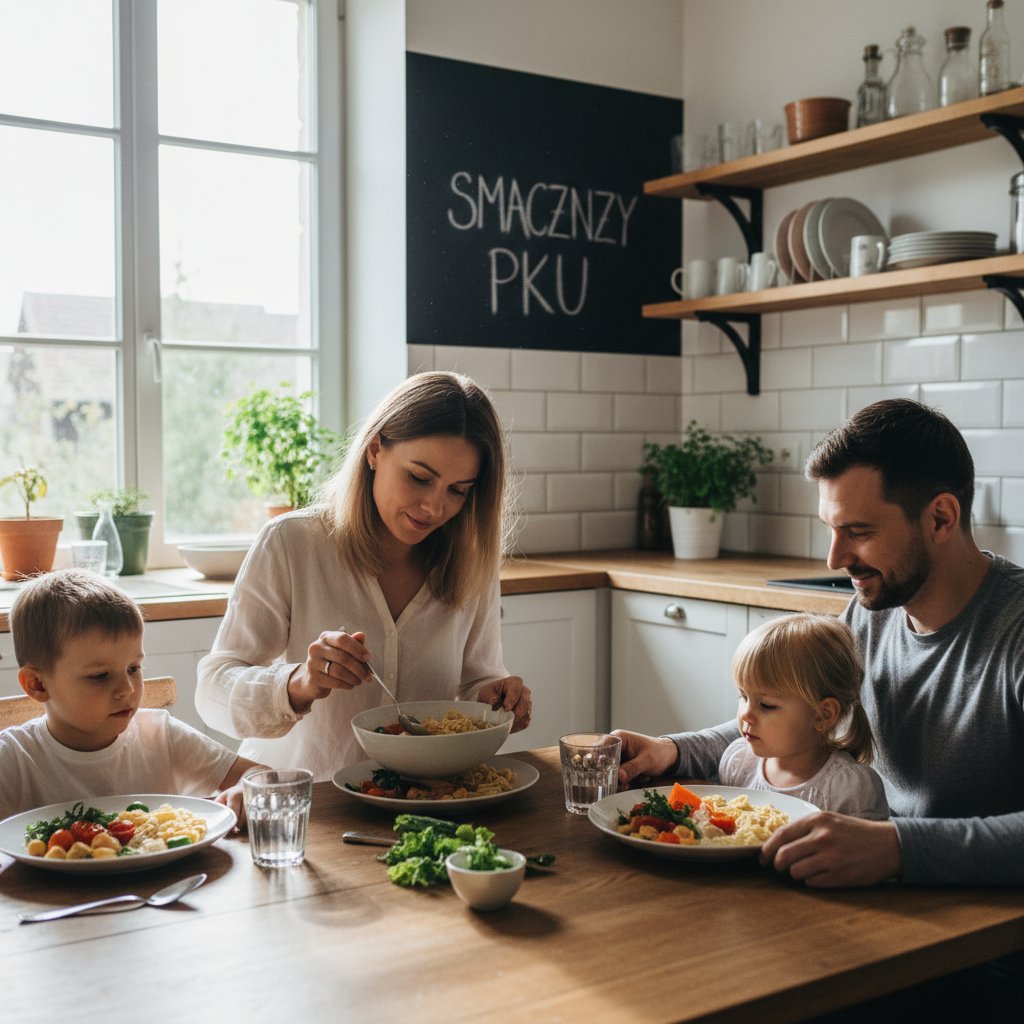 Rzeczywista polska rodzina w kuchni przygotowuje specjalny posiłek PKU, skupienie na rękach i jedzeniu, naturalne światło
