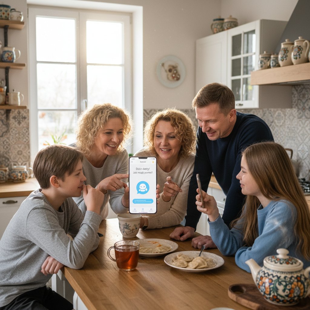 Polska rodzinna scena z młodą parą korzystającą ze smartfona w kuchni, dyskutującą przy pomocy czatbota AI