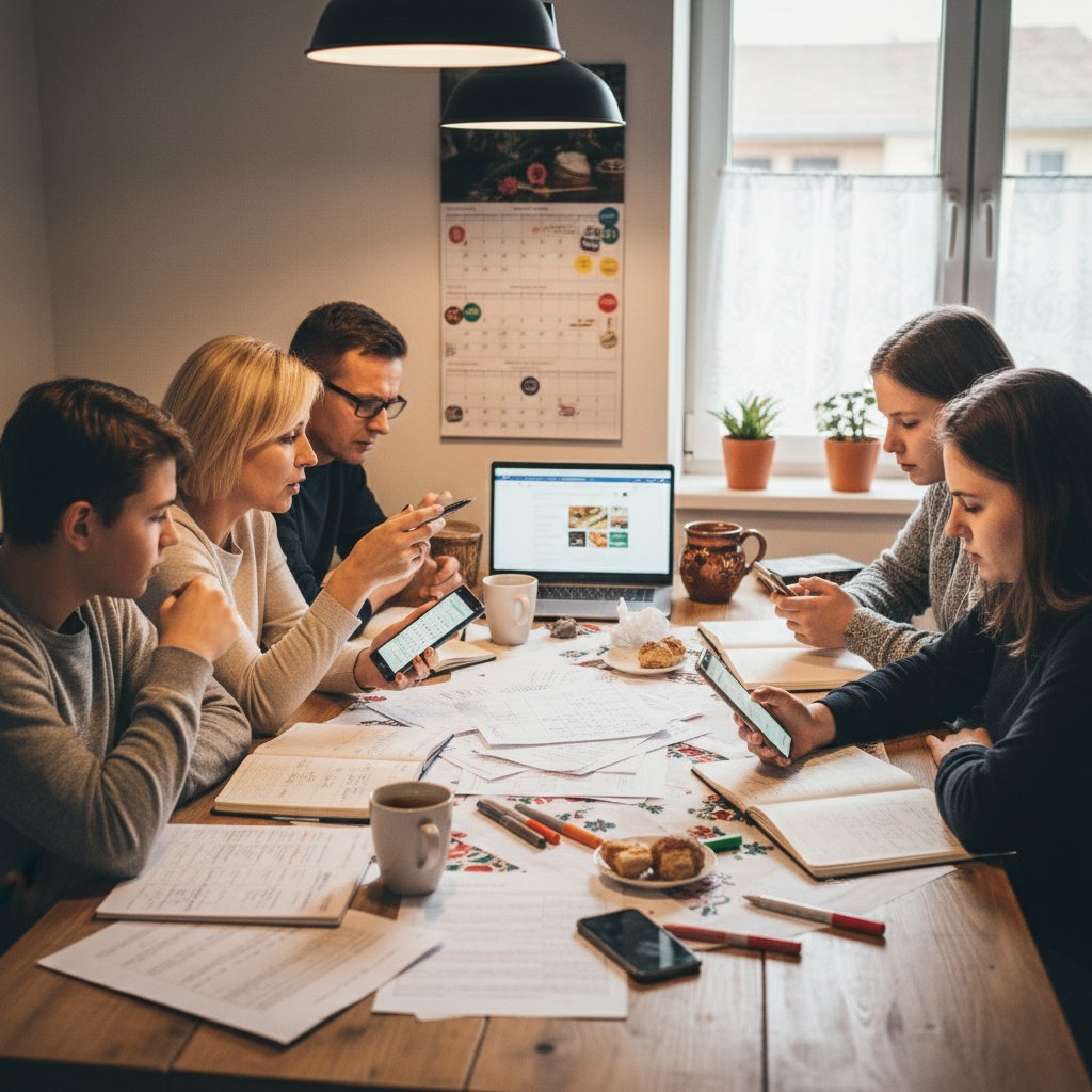 Rodzina planująca posiłki przy stole z kalendarzem i telefonami