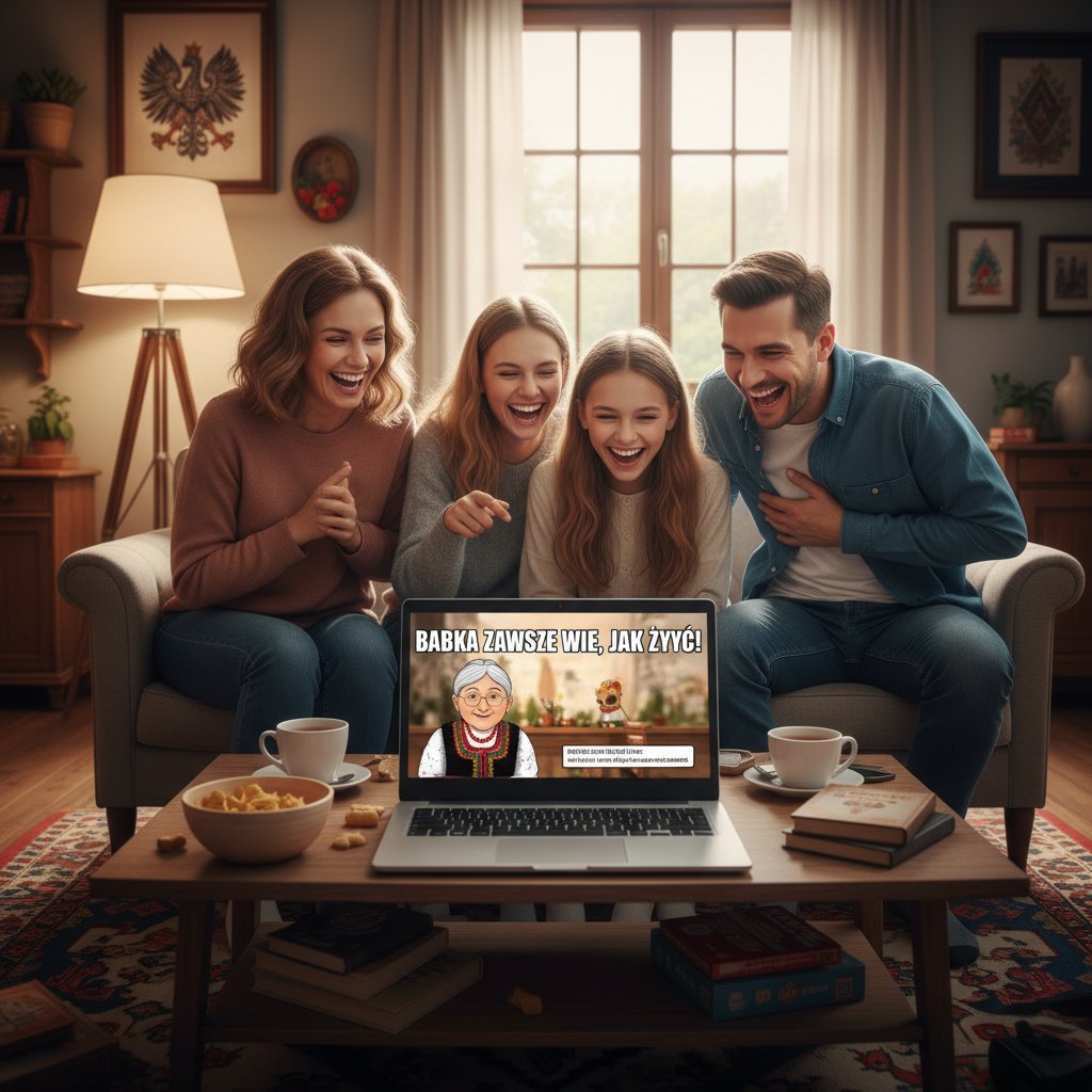 Rodzina śmiejąca się przy komputerze, internetowy humor w domu