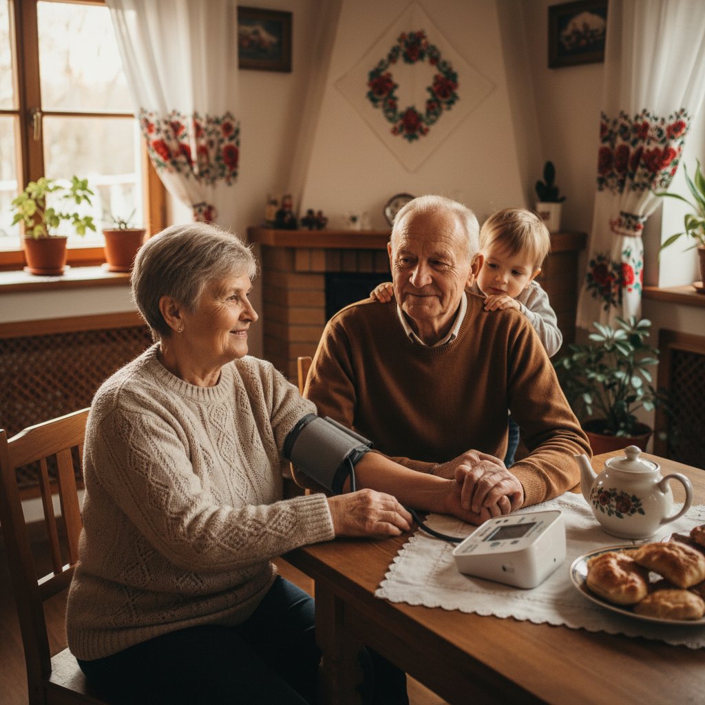 Codzienność w polskim domu, gdzie domownicy mierzą sobie ciśnienie – realna scena z życia
