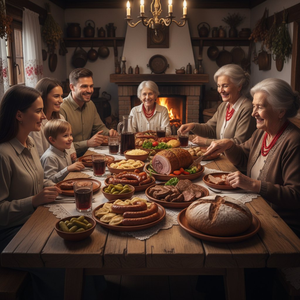 Rodzina przy stole zajadająca się tradycyjnym polskim obiadem, dużo mięsa, klimat domowy, dieta fleksitariańska w tle