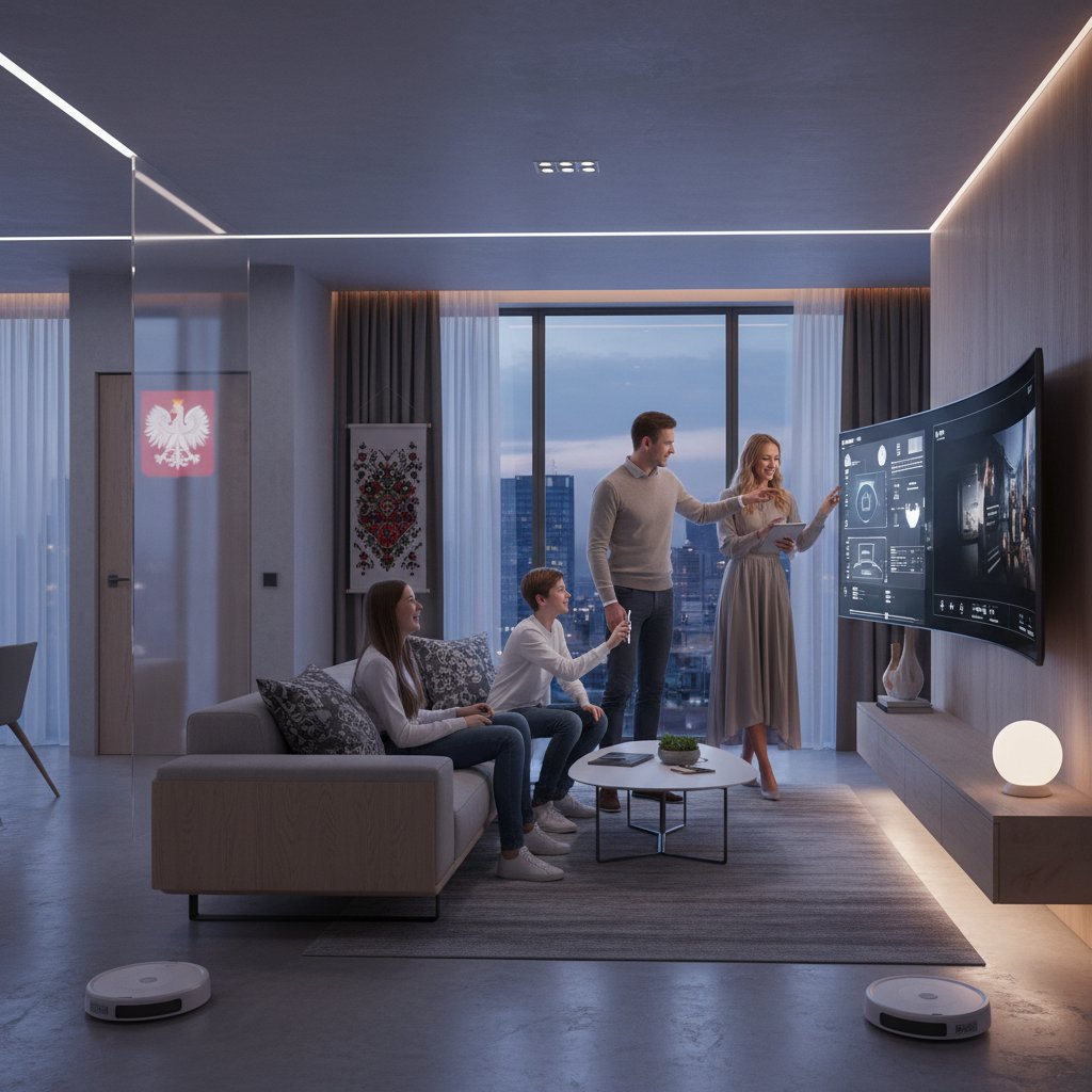 Polska rodzina korzystająca z nowoczesnej technologii w domu, symbolizująca wpływ AI na codzienność i relacje międzypokoleniowe