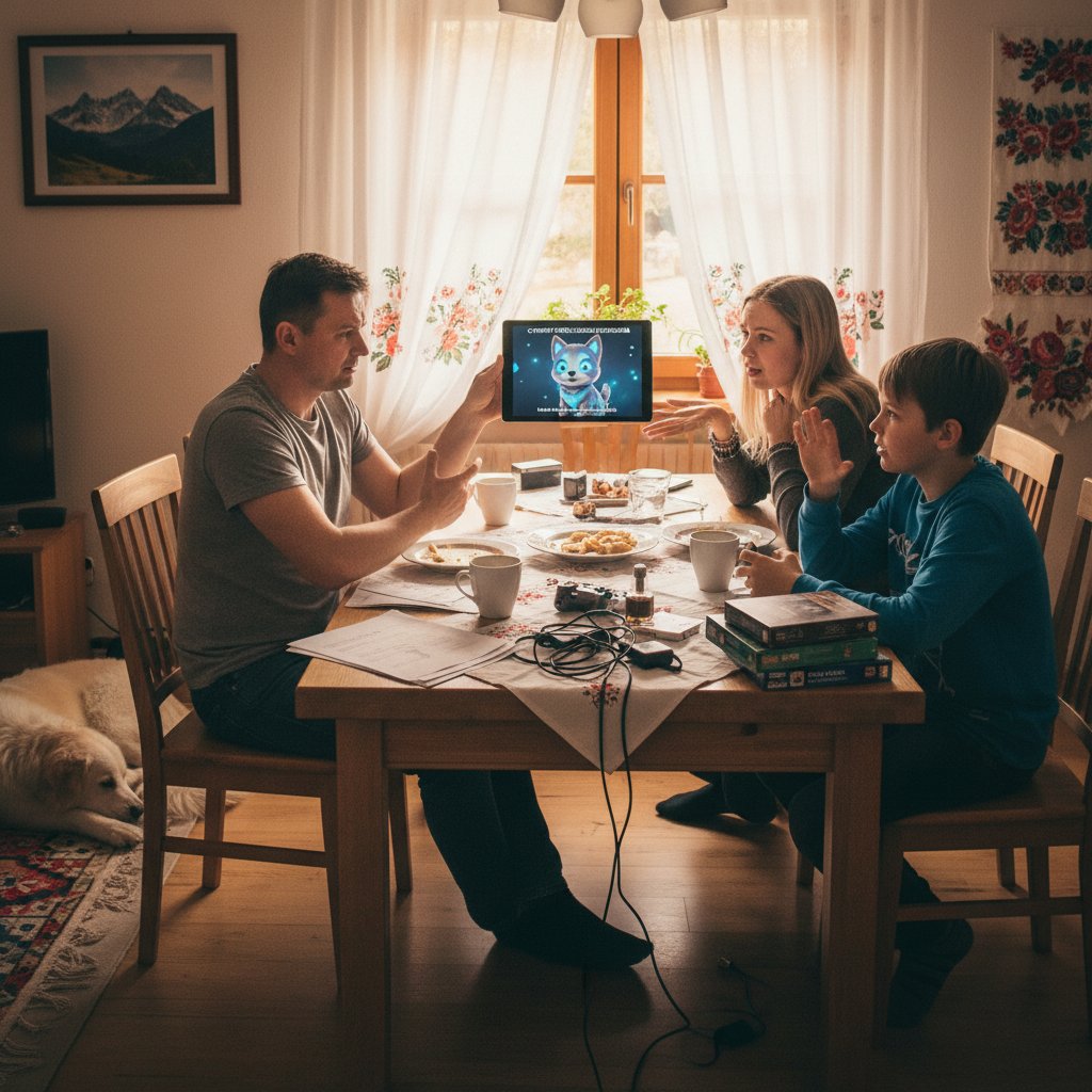 Rodzina omawiająca zasady korzystania z cyfrowego pieska, różne emocje, negocjacja